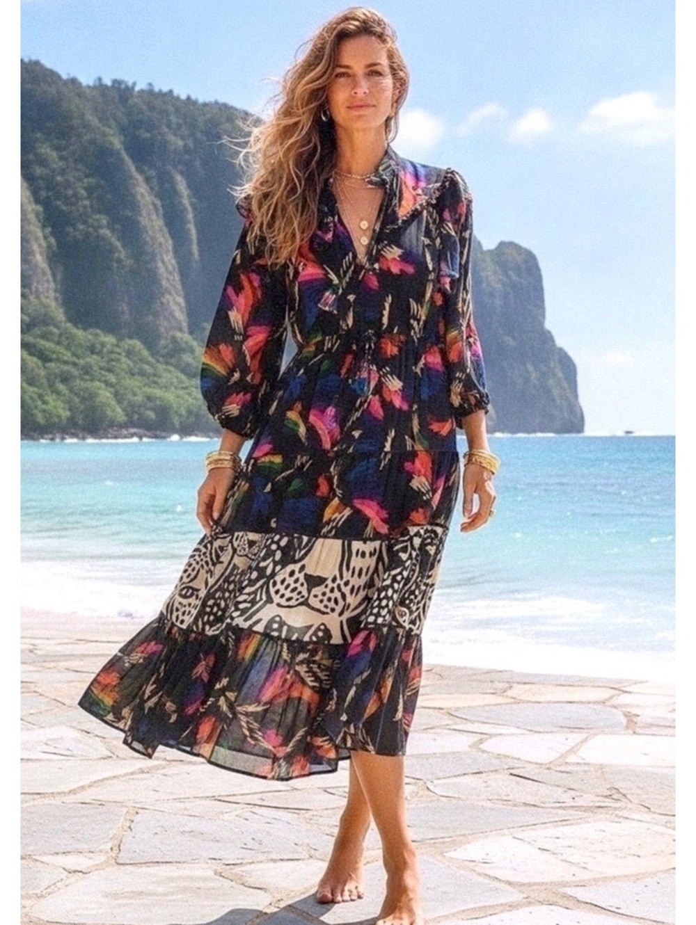 Farm Rio Black “Macaw’s Flight“ Ankle Dress, Size Small